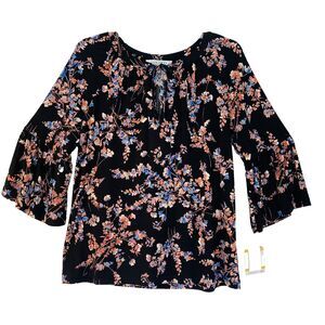 Kasper Blouse Women Size S Black Floral Printed 3/4 Bell Sleeve Cottage Boho NWT